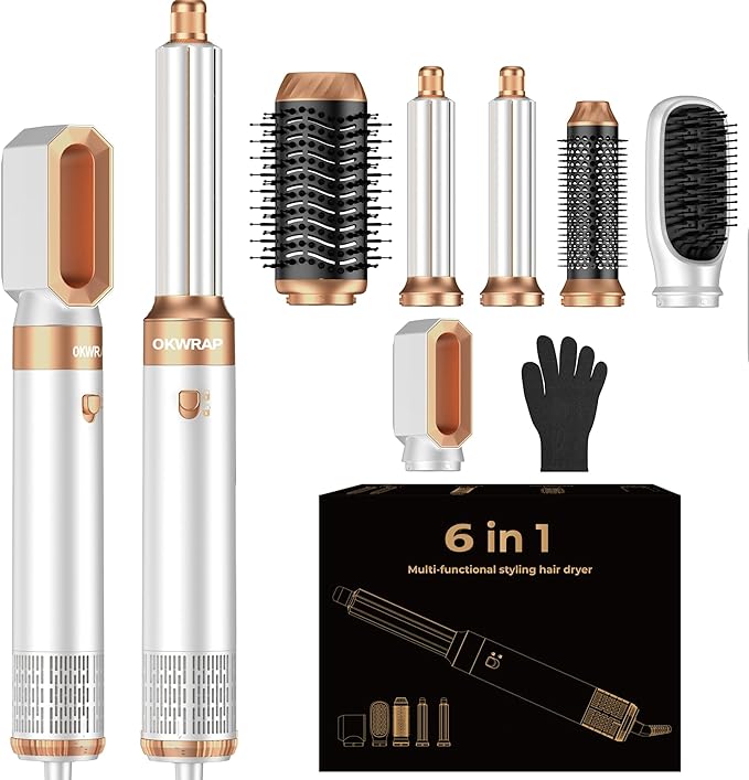 6 in 1 Blow Dryer Brush Set,Hot Air Styler Negative Ion Air Curling Wrap Air Curler, Round Brush Blow Dryer Curling Iron Hair Styling Tools Gift for Dry,Volumize, Straight,Curl,100-120V