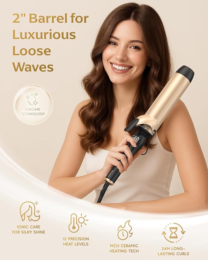 Professional Curling Iron 2 Inch, Large Barrel Curling Wand for Long Hair, MCH Heating with 12 Temperature, Dual Voltage, Black