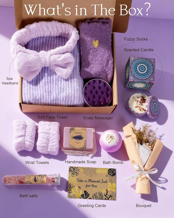 Coralogo Lavender Spa Gift Baskets - Natural Pampering Spa Set, Self-Care Get Well Soon Basket,Thank You Gifts, Unique 11pcs Gift Set for Birthday Christmas Valentines Day Mothers Day
