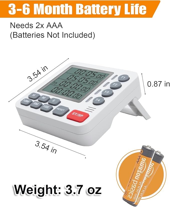 Digital Kitchen Timer - 4-Channel Cooking Timer with Alarm, Magnetic Back, Loud & Silent Modes, Count Up/Down, Ideal for ovens, Seniors, Kids and classrooms, Replaceable AAA Battery