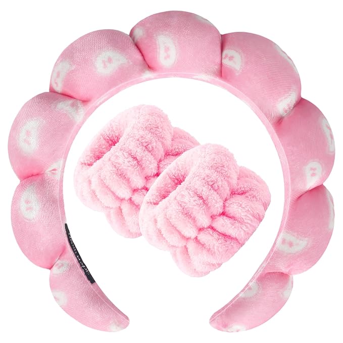 Zkptops Spa Headband for Washing Face Wristband Set Sponge Makeup Skincare Velvet Fabric Bubble Soft Get Ready Hairbands for Women Puffy Headwear Non Slip Thick Thin Hair Accessory (Pink Nuts)