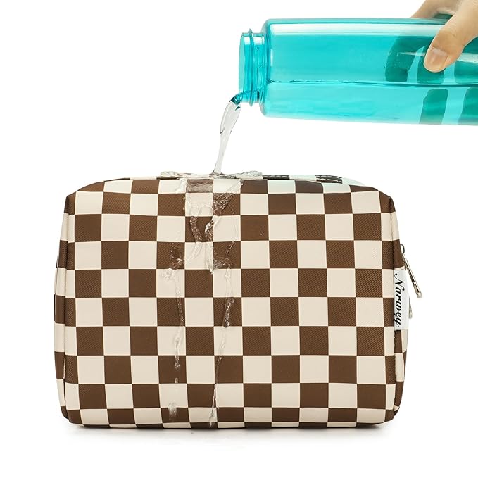Narwey Checkered Makeup Bag Travel Cosmetic Bag Organizer Toiletry Bag Make Up Bags with Compartments for Women Girls (Large, Dark Checkerboard)