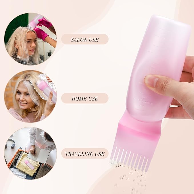 Pimoys Hair Oil Applicator Bottles Dye Brush for Women Scalp, Hair Color Products Things with Root Comb, Pink 2 Pack