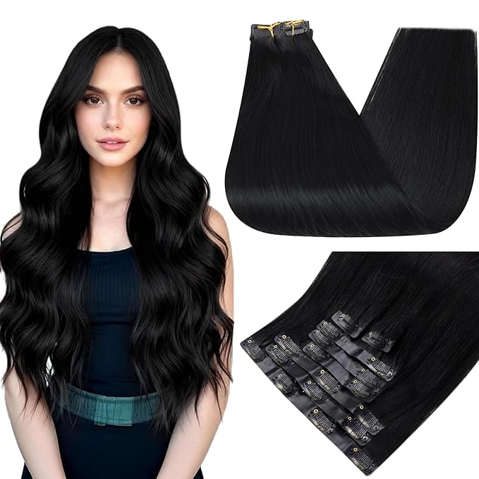 Full Shine Seamless Hair Extensions Clip ins Black Invisible Hair Extensions Clip in Human Hair Jet Black Clip in Hair Extension Full Head Straight Hair with PU Weft 18 Inch 8 PCS 120 G