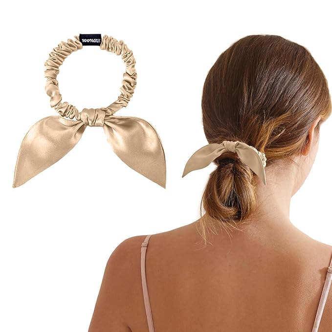 THXSILK Hair Silk Scrunchies with Bow for Women Pure Mulberry Silk Hair Cute Ring Ties Scrunchies for Girls Women's Thick Hair, Champagne, 2.8"
