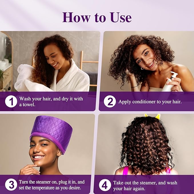 Thermal Steam Cap for Natural Hair Treatment: 10-Level Heating Cap for Deep Conditioning and Hair Steaming - Quick Heat-Up, Purple