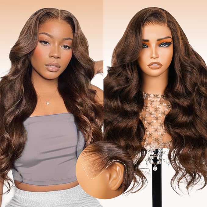 Arabella 13x6 Chocolate Brown Lace Front Wig Human Hair 4# Body Wave Wigs Human Hair Pre Plucked Glueless Brown Frontal Wig Human Hair 30 Inch