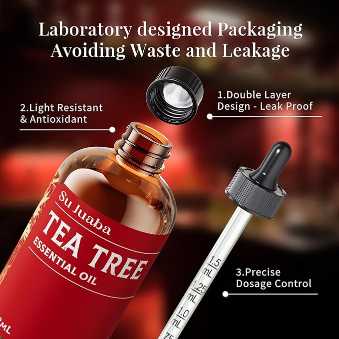 SU JUABA 4 Oz Tea Tree Essential Oil, 100% Natural Aromatherapy Oil for Toenail,Skin,Face,Hair,Shampoo - 118ML