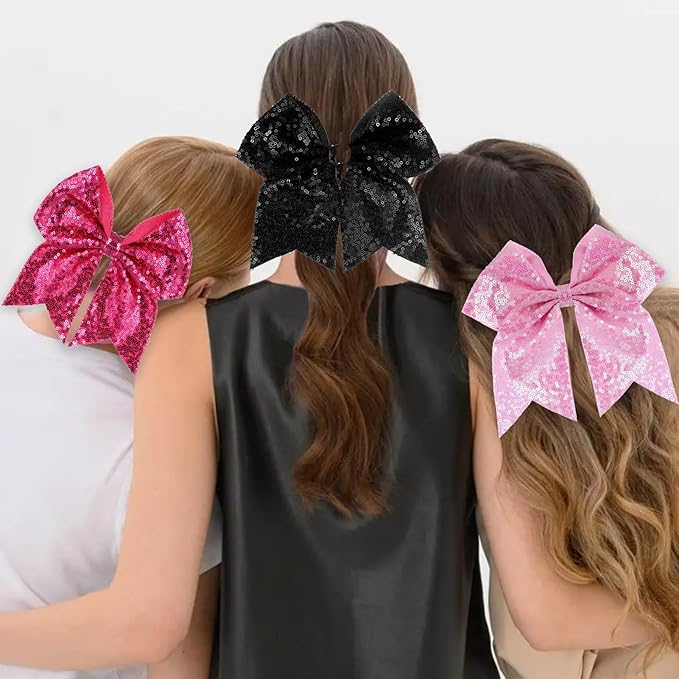Large Glitter Cheer Bows Clips, Jumbo Big 7 Inch Cheerleading Sequin Hair Bow Hair Accessories for Teens Girls Football Sports Cheerleader Outfit Uniform (Black)