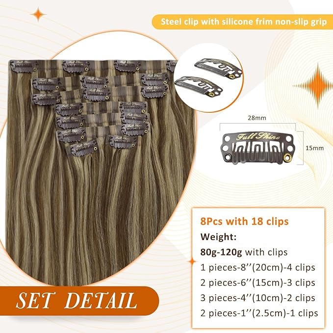 Full Shine Brown Clip in Hair Extensions Human Hair 14 Inch Dark Brown with Caramel Blonde Highlights Straight Hair Extensions for Women 8PCS 120G