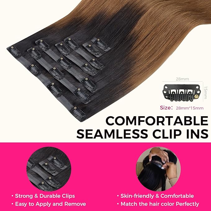Lashey Seamless Clip in Hair Extensions Human Hair 110g 7pcs Light Yaki Straight 18 Inch Ombre Natural Black to Medium Auburn Real Human Hair
