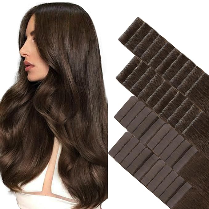 GOO GOO Invisi Edge Tape in Hair Extensions Human Hair, 4A Chocolate Brown 20pcs injected with 20pcs classical tape ins, 20inch 100g, Virgin Remy Hair, Natural Look