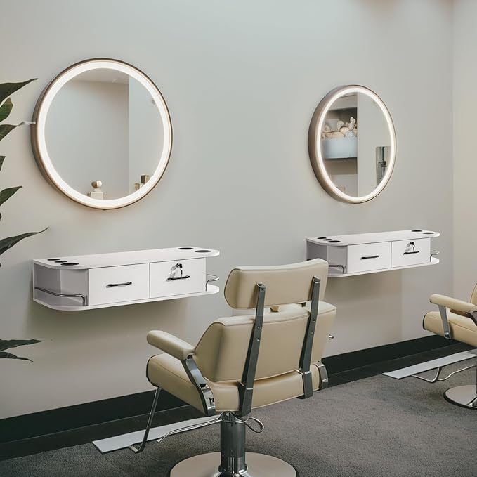 BarberPub Beauty Locking Wall Mount Styling Station, Barber Salon Station with Hair Dryer Holders, Spa Storage Floating Equipment with 2 Drawers 5012 (White)