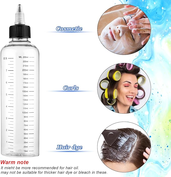 4 Pack Applicator Bottle for Hair, 8.5oz Soft Squeeze Empty Oil Dispenser Hair Color Applicator Root Hair Dye PET Plastic Refillable Bottles for Salon Sylist with Graduated Scale and Twist Top