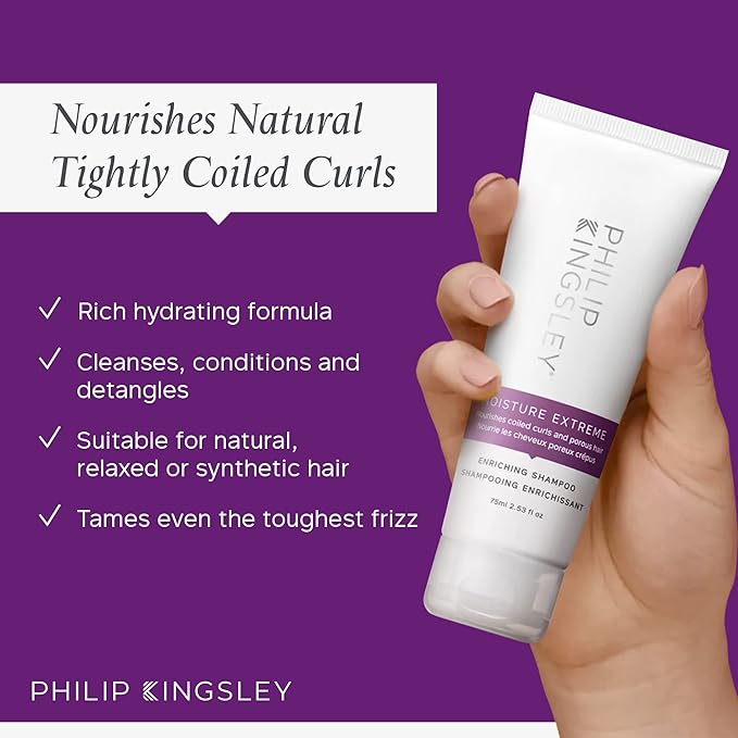 PHILIP KINGSLEY Moisture Extreme Enriching Shampoo for Curly Dry Damaged Hair Curls Anti-Frizz Hydrating Intense Hydration Gentle Cleansing Shampoo Detangles Conditions Tames, 2.5 oz