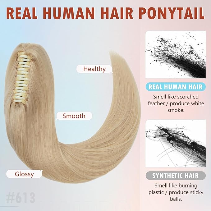 Hairro Claw Ponytail Human Hair Extensions Clip Ponytails Jaw/Claw Long Straight Pony Tail For Women 16 Inch 105g #613 Light Blonde