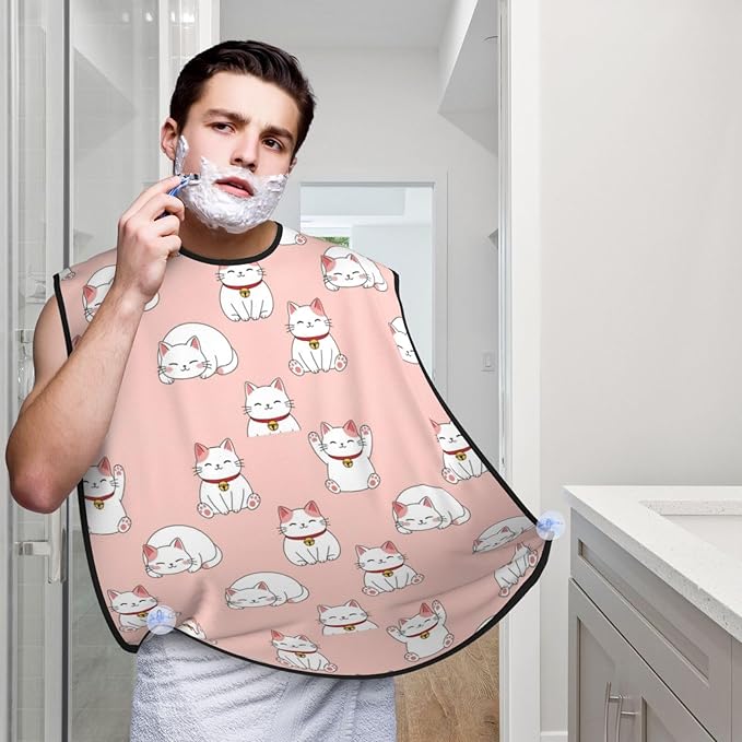 Beard Hair Catcher for Men, Waterproof Shaving Bib Apron Non-Stick, Trimming Tool for Dad Husband, Japan Lucky Cat Funny Fat Cats Pink Shave Bib