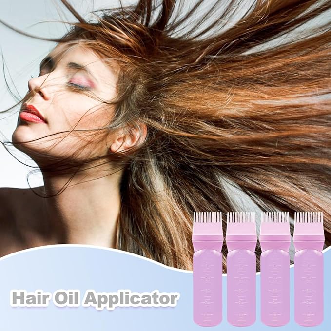 ELANE 4 Pcs Root Comb Applicator Bottle 6oz,Hair Oil Applicator Bottle for Hair,Oil Comb Applicator Hair Bottle Applicator for Hair Dye Shampoos Hair Salons Camping Traveling(Pink)