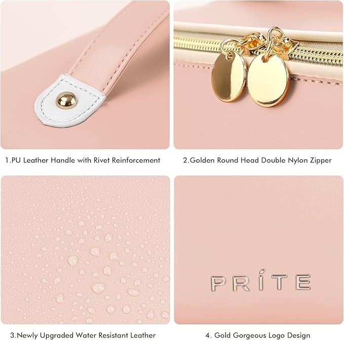 Prite Makeup Bag for Women Travel Waterproof Vegan Leather Cosmetic Bag Open Flat Toiletry Bag With Clear Divider and Handle (Pink)