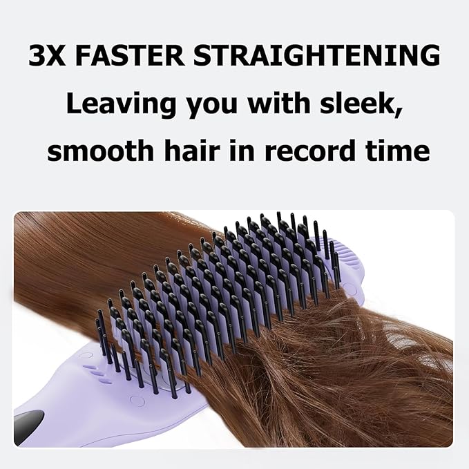 LANDOT Hair Straightener Brush for Damaged Hair - Keratin & Argan Oil Coated Bristles, Ionic Ceramic Straightening Brush to Reduce Frizz & Nourish Hair, Dual Voltage, 12 Temp 250-450F, Purple