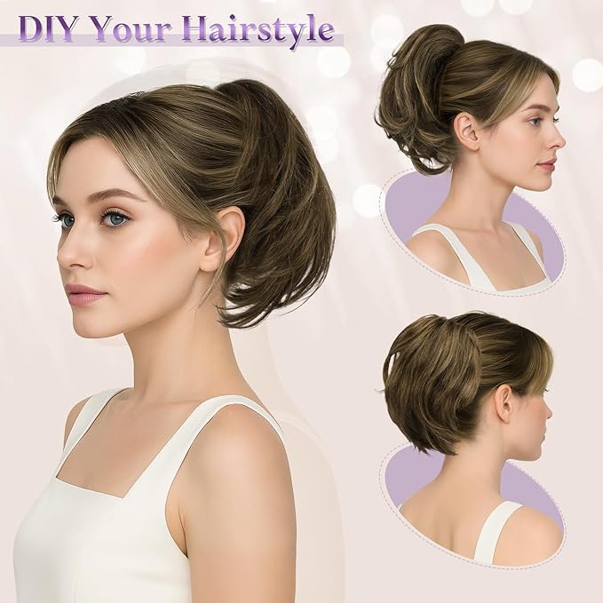 RUWISS Claw Clip Short Human Hair Ponytail Extension with Bendable Metals for DIY Styles Straight Messy Bun Hair Piece for Women Hairpieces for Daily Wear, 9 Inch Dark Brown with Blonde Highlight