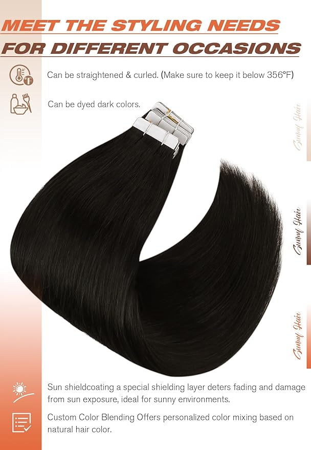 Sunny Hair Extensions Tape in Human Hair Natural Black Tape in Hair Extensions Human Hair 14 inch Remy Tape in Extensions Skin Weft 50g 20Pcs