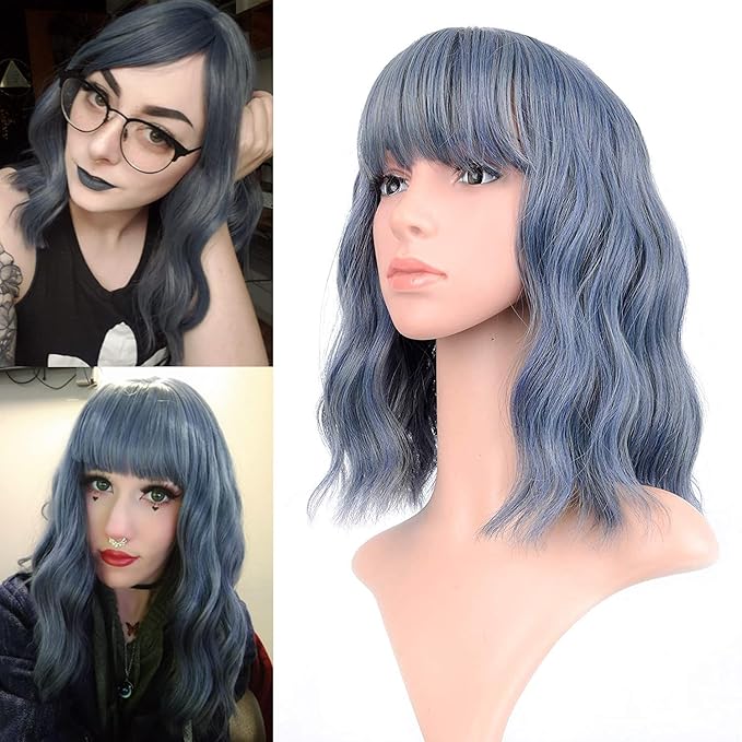 FAELBATY Blue Wigs With Air Bangs Shoulder Length Short Wave Wig For Women Curly Wavy Synthetic Cosplay Wig Blue Wig for Girl Halloween Costume Wigs (12" Dusky Blue Color)