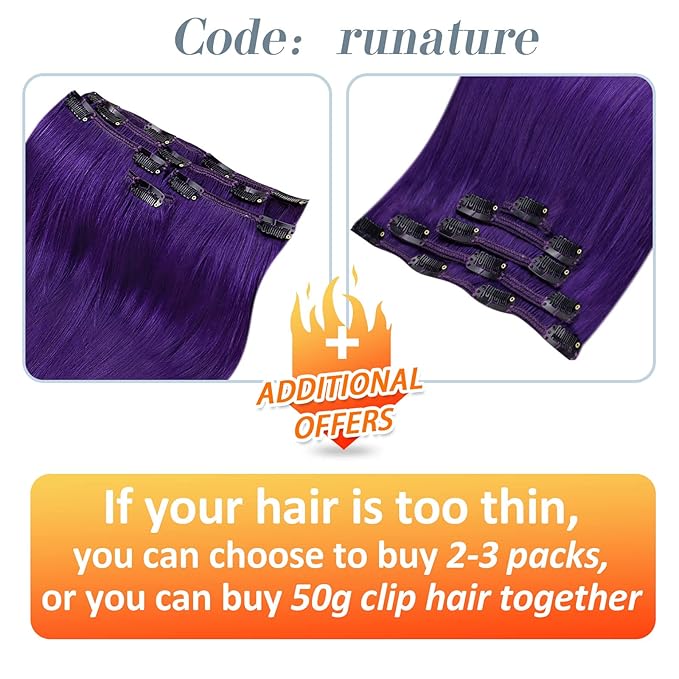 RUNATURE Purple Clip in Hair Extensions Real Human Hair, Straight Clip in Human Hair Extensions, Full Head, Colored Layered Natural Hair, Soft Tangle-free Hair, 16 Inch 70g/5pcs