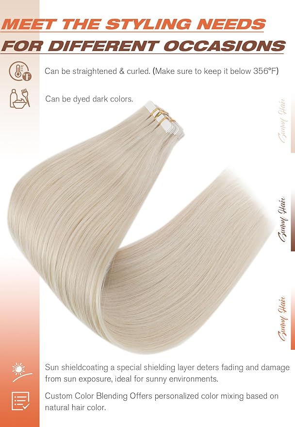 Sunny Hair Tape in Hair Extensions Human Hair 22inch Hair Extensions Real Human Hair Tape in Extensions for Women Platinum Blonde Invisible Natural Straight Skin Weft Double Sided Tape 40pcs 100g