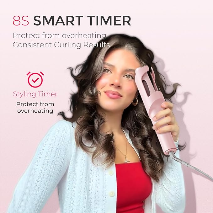 TYMO Automatic Rotating Curling Iron - TYMO CURLPRO Beach Waves Curling Wand, Portable Hair Curler, 500 Million Ionic, Dual Voltage & Lightweight for Travel, Ceramic Coating, 1 1/4 Inch, Pink