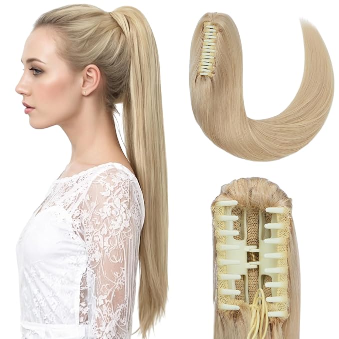 Hairro Ponytail Hair Extensions Claw Clip In Ponytails Jaw On Ponytail Extensions 100% Real Human Hair Long Straight Jaw/Claw Clips Pony Tail Hairpieces For Women 18 Inch 115g #613 Light Blonde
