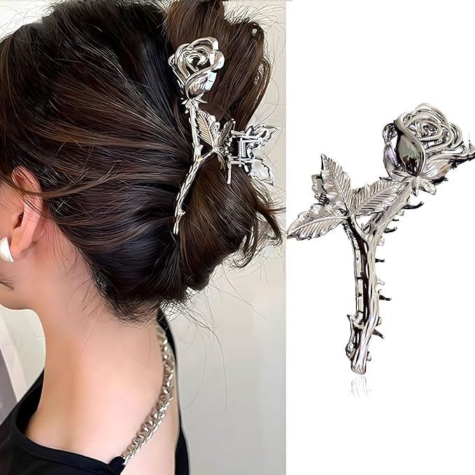 Elegant Rose Metal Non-Slip Hair Claw Clips for Thin and Thick Hair - Fashionable Flower Hair Accessories for Women and Girls (Silver Rose)