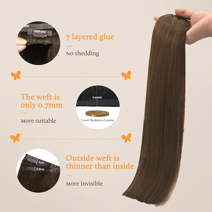 DOORES Human Hair Clip in Extensions, Chocolate Brown130g 7pcs 18 Inch, Virgin Weft With Invisible Edge Real Hair Extensions