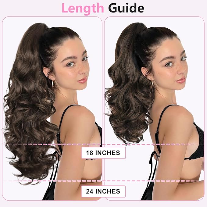 ALXNAN Claw Long Wavy Ponytail Extension,18 Inch Curly Pony Tail Clip in Hair Extensions for Women,Dark Chocolate Brown Clip on Pony Tails Hair Extensions