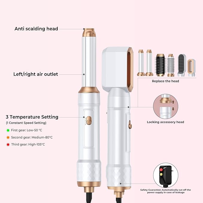 6 in 1 Air Styler Magic Hair Dryer Brush, Negative Ionic Blow Dryer Brush & 3 Heat Settings, Detachable Auto Curling & Straightening Volumizing, Frizz-Free Styling, Salon to Home Use (A-White-Pink)