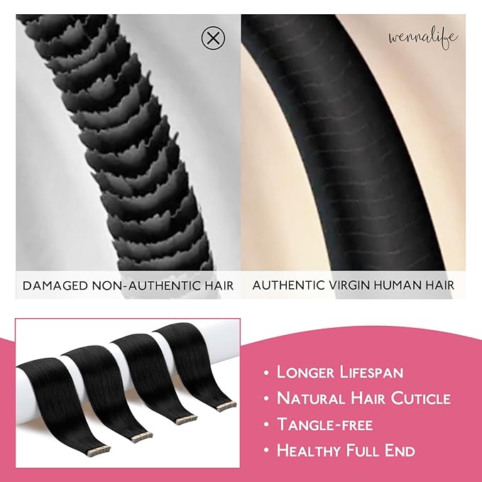 WENNALIFE Tape in Hair Extensions Human Hair Jet Black Tape in Extensions, 10pcs 25g 18 inch Remy Invisible Tape Ins Straight Colored Soft Real Human Hair Tape in Extensions Refill Set Extensions