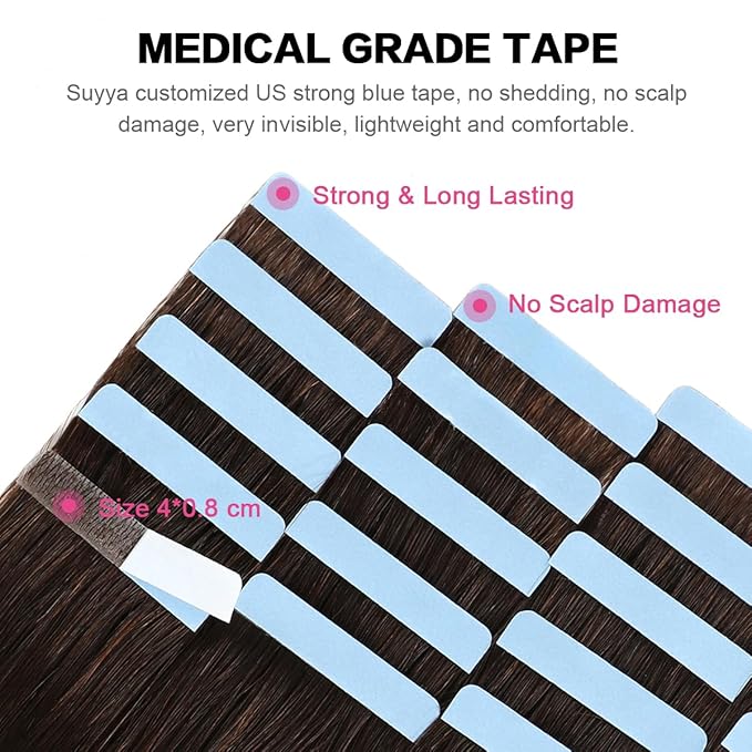 SUYYA Tape in Hair Extensions Human Hair 100% Remy Human Hair Darkest Brown 50g/pack 20pcs Straight Seamless Skin Weft Tape Hair Extensions(22 inches #2 Darkest Brown)