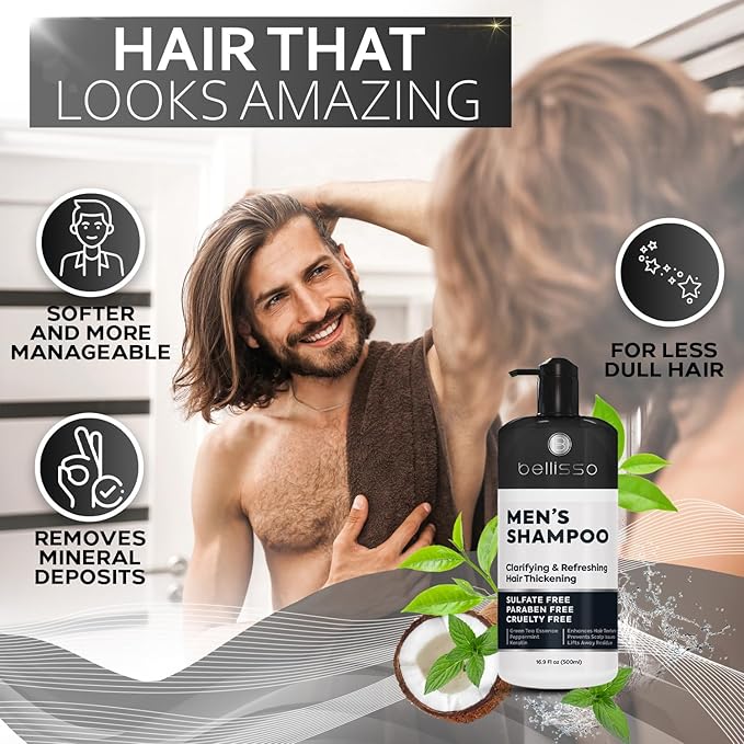 Shampoo for Men - Tea Tree Oil and Peppermint - Sulfate Free, Paraben Free - Clarifying, Refreshing, Volumizing & Moisturizing Hair Thickening Formula - Ideal for Oily Hair, Dry Scalps and Build Up