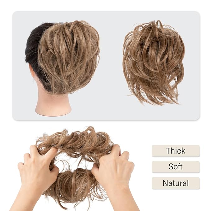 SARLA Messy Hair Bun Hair Pieces Curly Synthetic Updo Fake Scrunchies Ponytail Extension for Women Dark Brown 1PCS