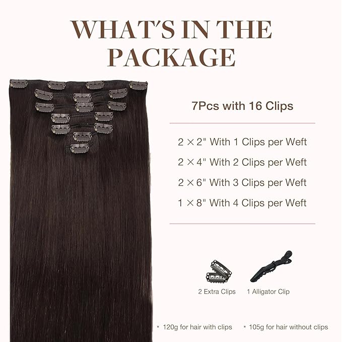 GOO GOO Clip in Hair Extensions Real Human Hair, Remy Human Hair Extensions Clip ins for Women, Natural Human Hair, 24inch 120g 7Pcs, 2A Light Brown