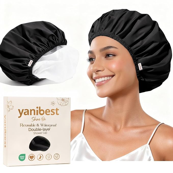 Yanibest Shower Cap Reusable Waterproof - Double Layer Shower Caps for Women, Washable Shower Bonnet with Soft Non-Slip Elastic Band, Bath Hair Hat for Most Hair Types