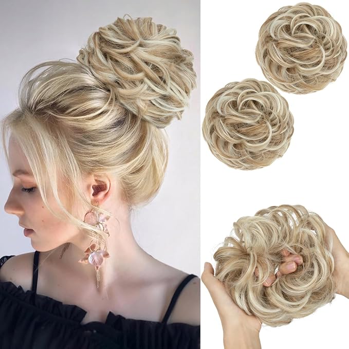 SARLA 2PCS Messy Hair Bun Hair Pieces Wavy Curly Synthetic Updo Fake Scrunchies Ponytail Extension for Women Sunny Blonde