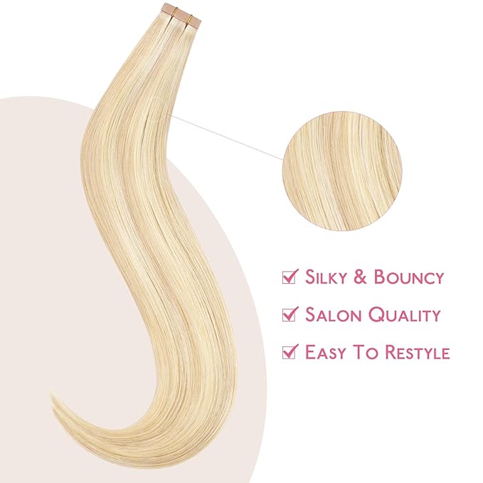 WENNALIFE Tape in Hair Extensions Human Hair Balayage Light Wheat Platinum Blonde Tape in Extensions, 10pcs 25g 18 inch Remy Invisible Tape Ins Straight Colored Soft Real Human Hair Tape in Extensions