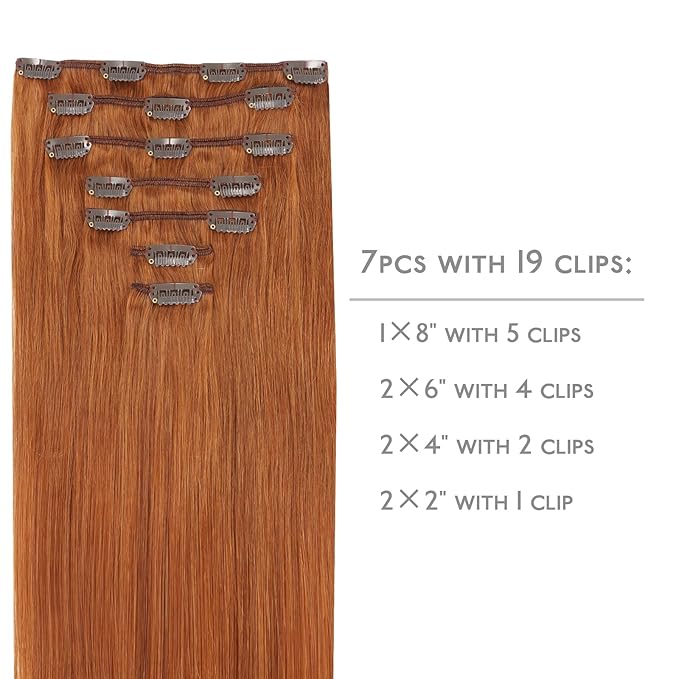 WENNALIFE Clip in Hair Extensions Real Human Hair, 24 Inch 120g 7pcs Clip in Hair Extensions Real Human Hair, Dirty Ginger Human Hair Clip in Extensions Remy Human Hair Extensions Clip Ins Double Weft