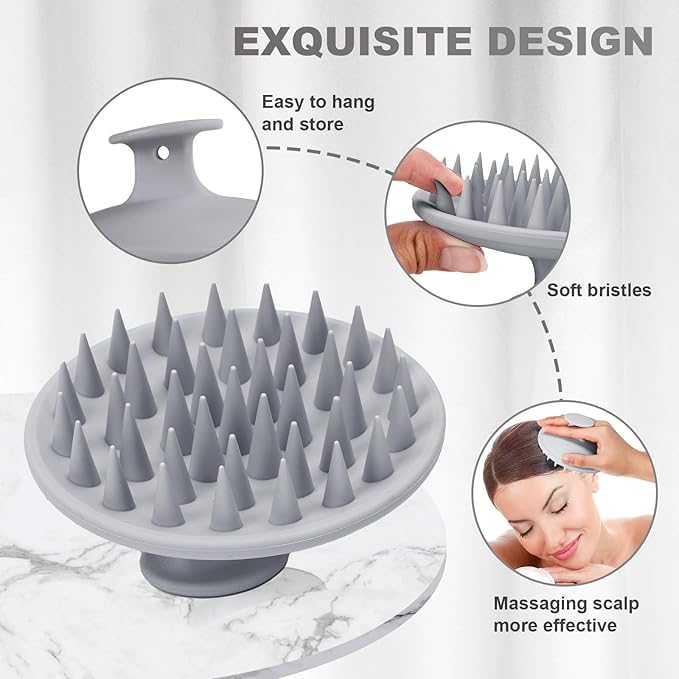 Silicone Scalp Massager Shampoo Brush, Scalp Brush for Hair Growth & Dandruff Removal, Hair Scrubber Scalp Stimulator Exfoliator Brush with Soft Bristles for Wet Dry Scalp Care (Grey)