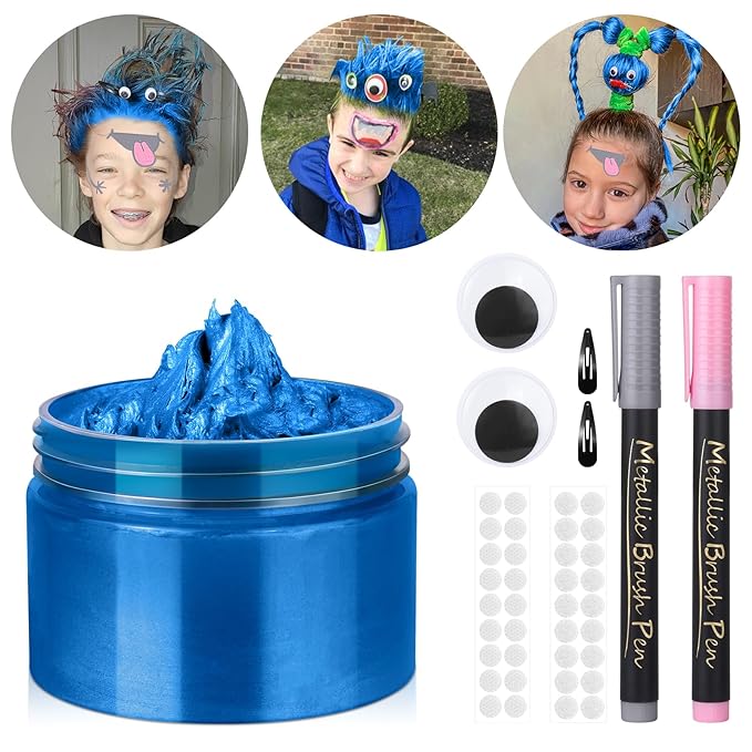 Temporary Hair Color Wax Kit, Stocking Stuffers for Teen Girls age 4 5 6 7 8 9 10+ Hair Dye Color Wax Washable Crazy Hair Style with Wiggle Eyes & Face Pens (Blue)