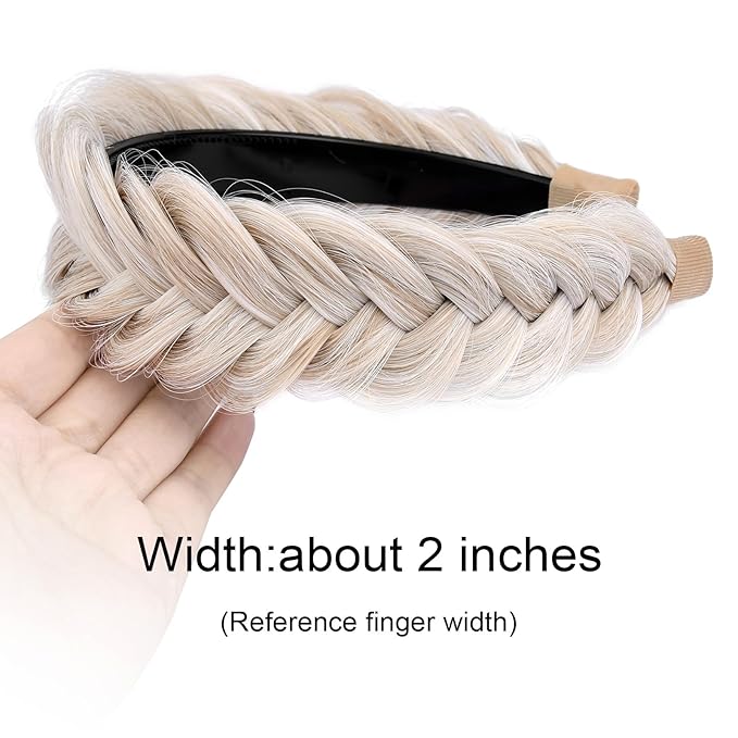 DIGUAN Wide Messy Braided Headband With Teeth Synthetic Hair Plaited Headband High Elasticity Braids Chunky Fishtail Braided Hair Band Hairpiece for Girls Women Beauty Accessory (White Blonde)