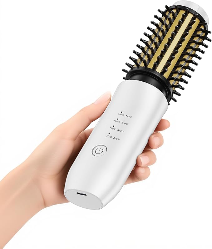CARESKY® Cordless Curling Iron Brush, 1.5 Inch Mini Travel Hair Curler with 200 Million Negative Ions, Portable Heated Round Straightener Brush Rechargeable for Curl, Touch-Up, De-Frizz, Styling