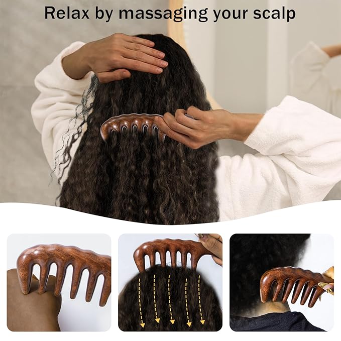 Hair Comb Wooden Wide Tooth Combs for Curly, Natural Golden Sandalwood Thicken Hair Comb for Head Scalp Massager, Detangles Wet or Dry Curly, Thick, Wavy, Anti-static