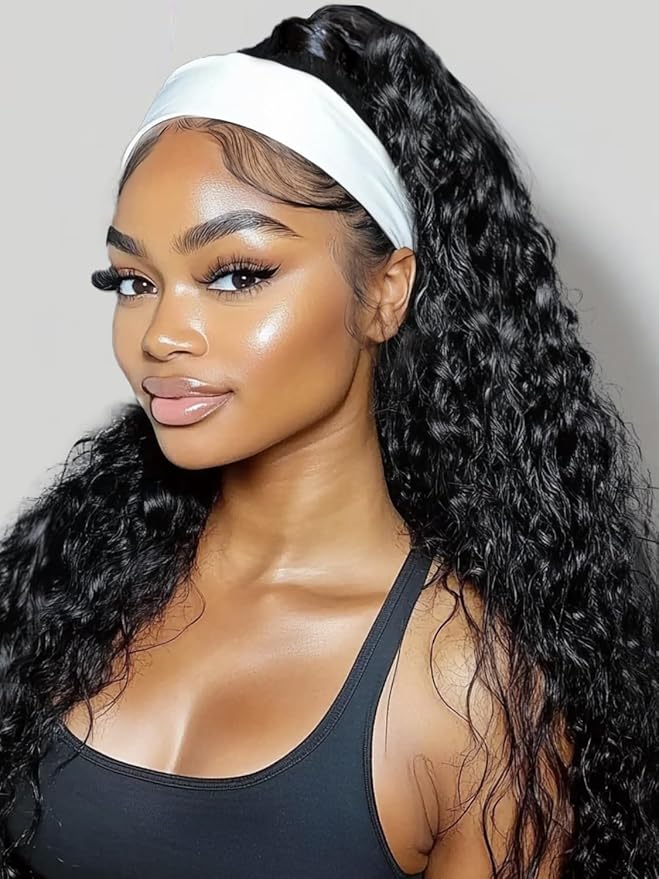 KLAIYI Headband Human Hair Wig Water Wave Curly Non Lace Front Wigs for Black Women Deep Wave Glueless Wear and Go Half Wig 30S Ready to Go Wig with Band Beginner Friendly 180% Natural Hairline 24Inch